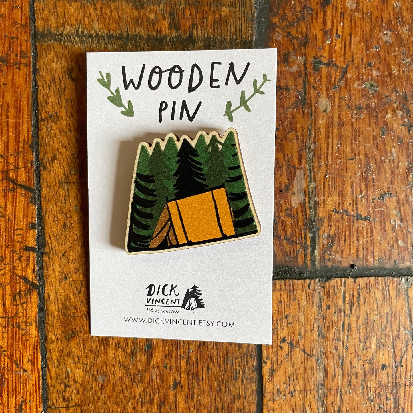 Tent wooden pin badge